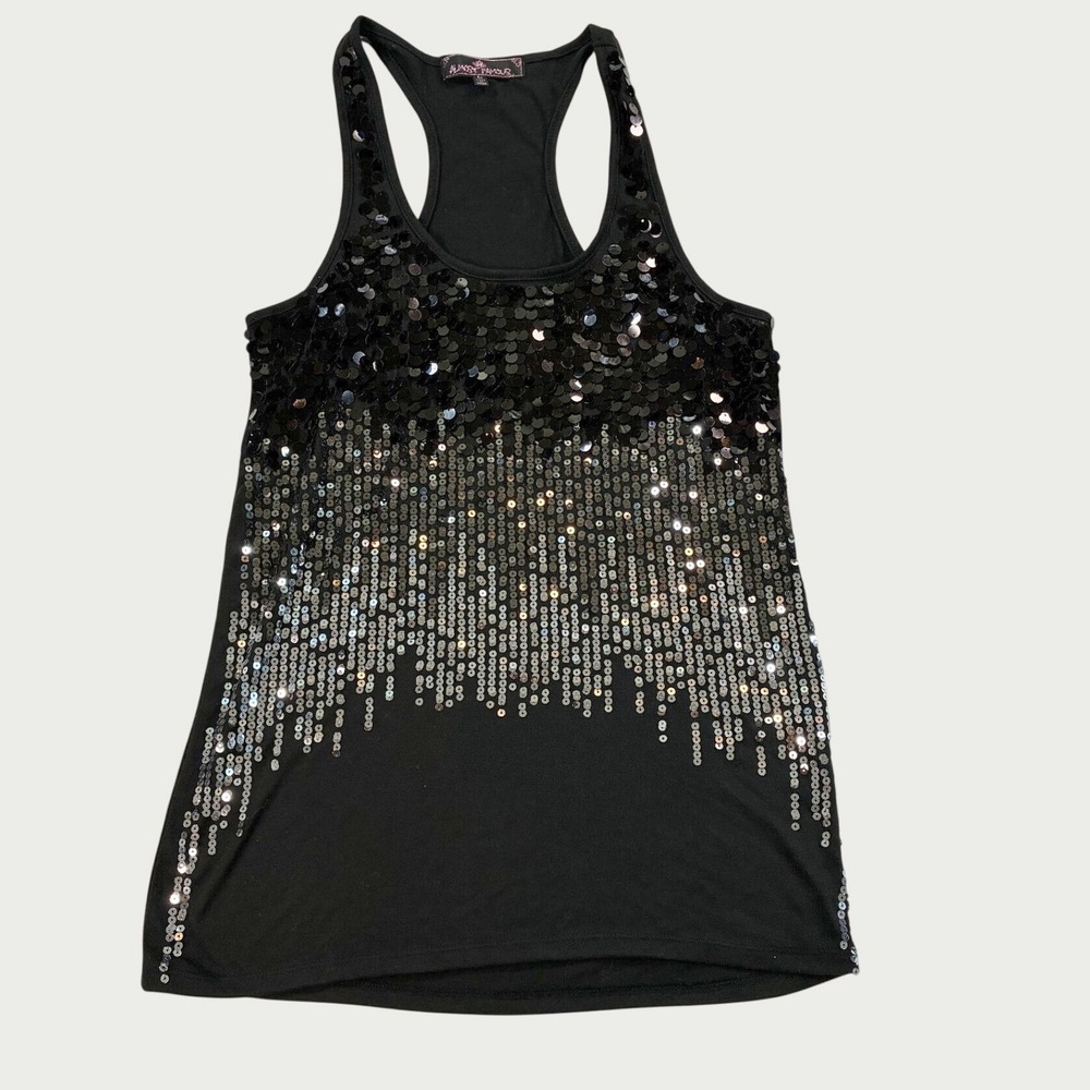 Almost Famous Women Sequin Racerback Tank Top Medium Black Silver Shimmer G41